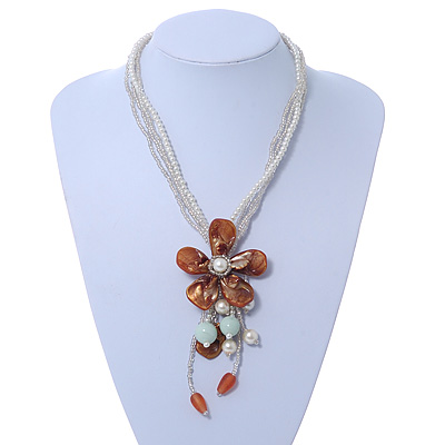 Chunky Multistrand Shell Floral Tassel Necklace (Light Cream, Light Brown, White) - 46cm Length/ 4cm Extension