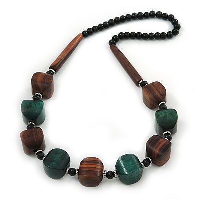Chunky Brown/Dark Green Wooden Bead Necklace - 80cm Length