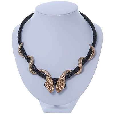 Austrian Crystal 'Double Snake' Black Leather Cord Necklace In Gold Tone Metal - 46cm Length/ 8cm Extension