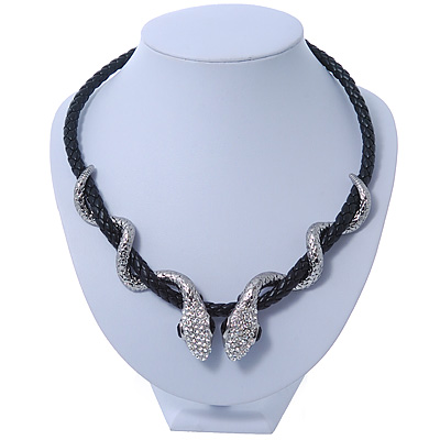 Austrian Crystal 'Double Snake' Black Leather Cord Necklace In Rhodium Plating - 46cm Length/ 8cm Extension