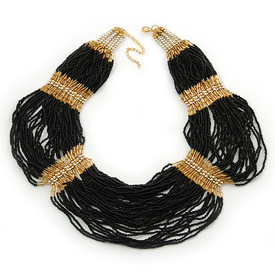 Chunky Black & Gold Glass Bead Bib Necklace In Gold Plating -  52cm Length/ 9cm Extension