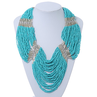 Chunky Turquoise & Transparent Coloured Glass Bead Bib Necklace In Silver Plating - 52cm Length/ 9cm Extension