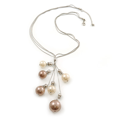 Rhodium Plated Snake Chains Necklace With Long Simulated Pearl Tassel - 60cm Length/ 7cm Extension - main view