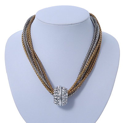 Two Tone Mesh Chain With Crystal Ring Necklace - 36cm Length/ 6cm Extension