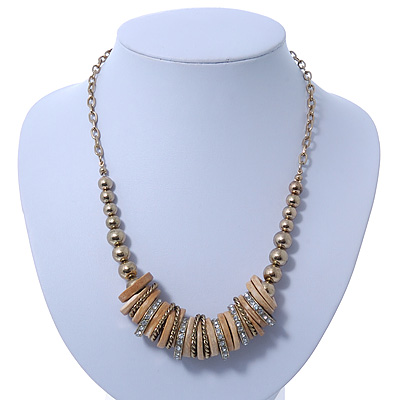 Contemporary Wood, Diamante Metal Rings Bead Necklace In Gold Plating - 42cm Length/ 7cm Extension