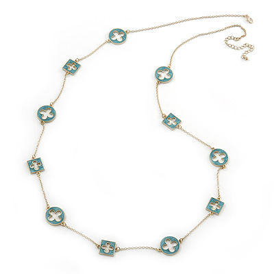 Long Stylish Round & SquareTeal Enamel Station Necklace In Gold Plating - 94cm Length/ 8cm Extension