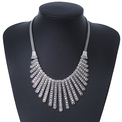 Vintage Inspired Crystal Bars Bib Style Necklace In Antique Silver Finish - 40cm Length/ 7cm Extension