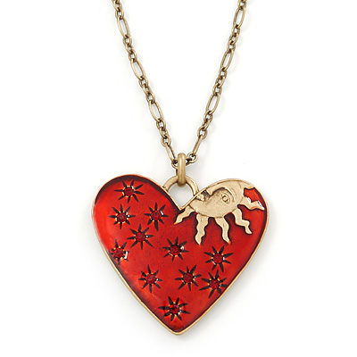 Red Enamel Crystal Heart Pendant With Gold Tone Long Chain - 70cm Length/ 7cm Extension