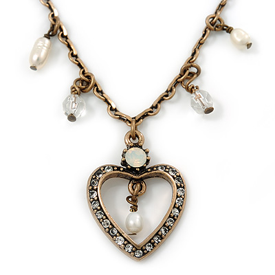 Vintage Inspired Crystal Open Heart Pendant With Bronze Tone Beaded Chain - 38cm L/ 6cm Ext