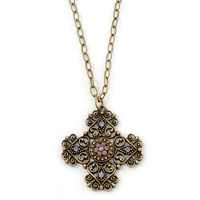 Victorian Style Bronze Tone Filigree Cross Pendant With Oval Chunky Chain Necklace - 44cm Length/ 6cm Extension