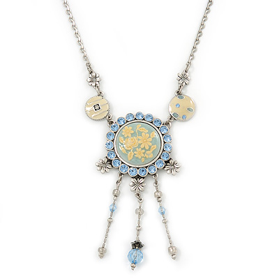 Vintage Inspired Light Blue Crystal, Enamel Floral Medallion Pendant Necklace In Pewter Tone Metal - 36cm Length/ 8cm Extension