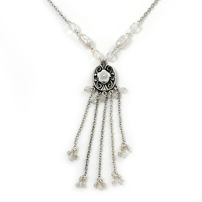Vintage Inspired Shell Floral With Charms Pendant with Pewter Tone Pearl Bead Chain - 42cm L/ 5cm Ext - main view