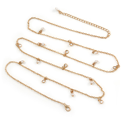 Long Delicate Chain with Pearl, Crystal Bead Charm In Gold Tone Necklace - 78cm L/ 8cm Ext