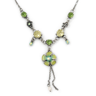 Vintage Inspired Green Crystal, Floral Charm Necklace In Pewter Tone Metal - 38cm Length/ 4cm Extension