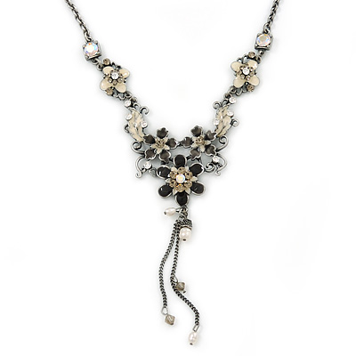 Grey, Cream Enamel Floral Y Shape Necklace In Pewter Tone Metal - 38cm L/ 6cm Ext
