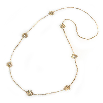 Long Gold Chain with Filigree Flower Motif Necklace - 106cm L