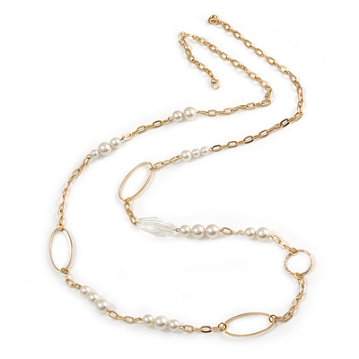 Long Chunky Chain with Oval Link, Pearl Bead Necklace - 124cm L