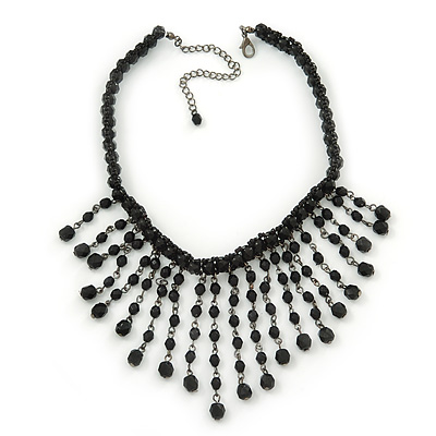 Chic Victorian/ Gothic/ Burlesque Black Bead Bib Style Choker Necklace - 28cm Length/ 8cm Extension - main view