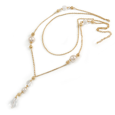 2 Strand Gold Tone Chain With Faux Pearl and Transparent Acrylic Bead Tassel Necklace - 66cm L/ 10cm Tassel/ 8cm Ext