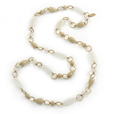 Long Milky White/ Beige Glass and Ceramic Bead, Gold Round Link Necklace - 100cm L