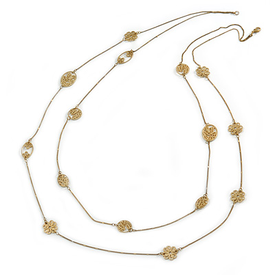 Long 2 Strand Matt Gold Floral Necklace - 98cm L