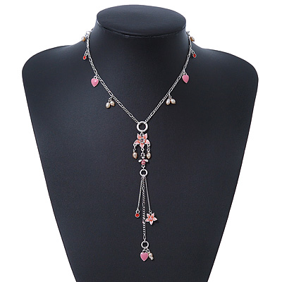 Vintage Inspired Heart, Freshwater Pearl, Flower Charms Necklace With Long Tassel In Silver Tone - 36cm Length/ 5cm Extension