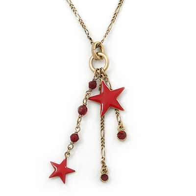 Vintage Inspired Star, Bead, Crystal Tassel Pendant With Gold Tone Chain - 36cm L/ 8cm Ext