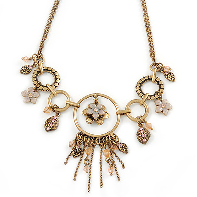 Vintage Inspired Floral, Chain Tassel Necklace In Antique Gold Tone - 37cm L/ 8cm Ext