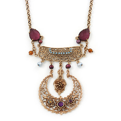 Vintage Inspired Filigree, Purple Stone, Freshwater Pearl Necklace In Gold Tone Metal - 36cm Length/ 4cm Extension