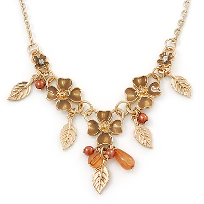Beige Enamel Flower, Leaves, Bead Necklace In Gold Tone Metal - 38cm L/ 6cm Ext