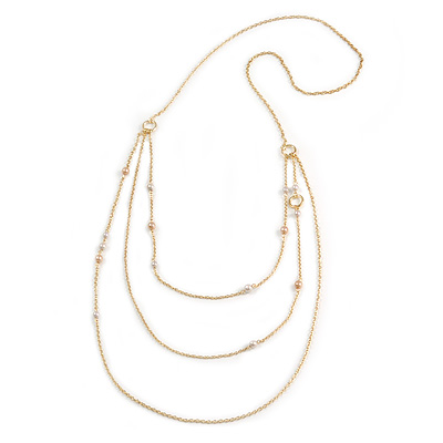 Long Delicate Beaded Layered Necklace In Gold Tone - 106cm L