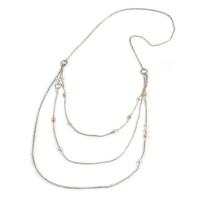 Long Delicate Beaded Layered Necklace In Silver Tone - 106cm L
