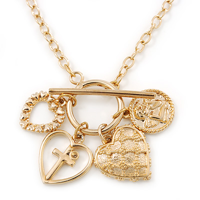 Gold Tone Multi Heart Charm Pendant With 34cm L/ 7cm Ext Chain