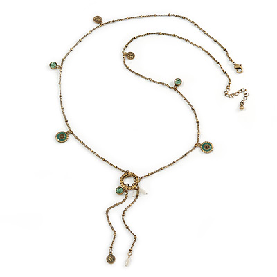 Vintage Inspired Charm, Tassel Necklace In Antique Gold Tone Metal - 80cm L/ 5cm Ext/ 10cm Tassel