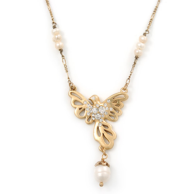 Crystal, Simulated Pearl Bead Dove Bird Pendant With Gold Tone Chain - 36cm L/ 8cm Ext