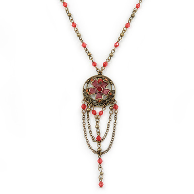 Cranberry Red Enamel Floral, Bead, Chain Pendant With 40cm L/ 7cm Ext Bronze Tone Acrylic Bead Chain