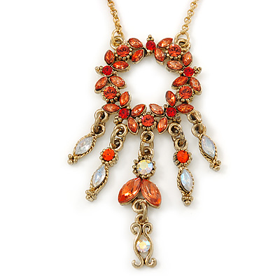 Carrot Red Diamante Round Pendant With Dangles, On 38cm L/ 7cm Ext Gold Tone Chain