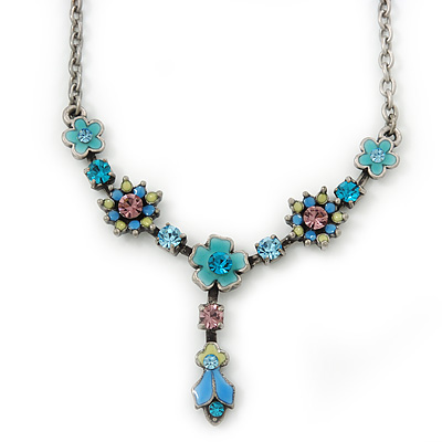 Vintage Inspired Blue Enamel, Crystal Floral Y- Shape Necklace In Burn Silver - 36cm Length/ 4cm Extension