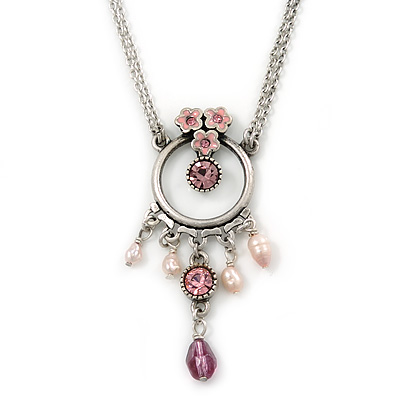 Pink Enamel Floral, Crystal, Freshwater Pearl Circle Pendant With Silver Tone Double Chain - 34cm L/ 5cm Ext