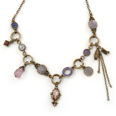 Victorian Style Crystal, Acrylic, Enamel Bead Charm Necklace In Bronze Tone (Pink, Violet) - 40cm Length/ 7cm Extension