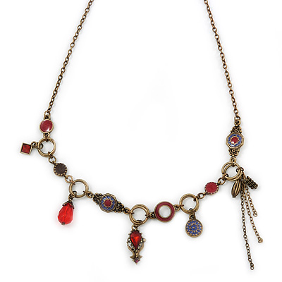 Victorian Style Crystal, Acrylic, Enamel Bead Charm Necklace In Bronze Tone (Red, Violet) - 40cm L/ 7cm Ext