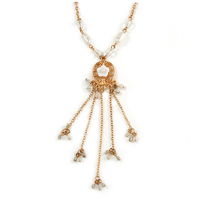 Gold Tone Glass Beaded Tassel with Chain Necklace - 40cm L/ 5cm Ext/ 9cm Tassel