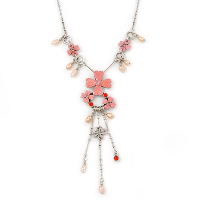 Pink Enamel Floral, Freshwater Pearl Necklace In Silver Tone - 38cm L/ 5cm Ext