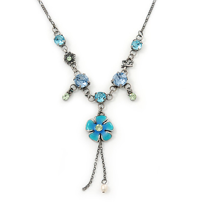 Vintage Inspired Crystal, Floral Charm Necklace In Burn Silver - 38cm Length/ 4cm Extension
