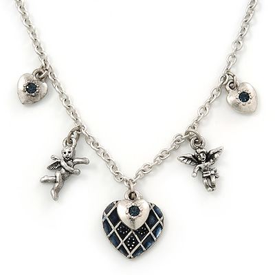 Romantic Hearts & Angels Charm Necklace In Silver Tone - 40cm Length/ 6cm Extension