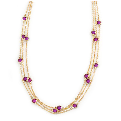 3 Strand Purple Bead Delicate Necklace In Gold Tone - 64cm Long