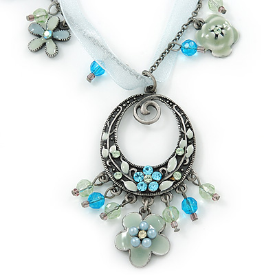 Vintage Inspired Light Blue/ Mint Green Enamel Floral Oval Pendant with Chain And Organza Cord In Pewter Tone - 40cm L/ 5cm Ext - main view