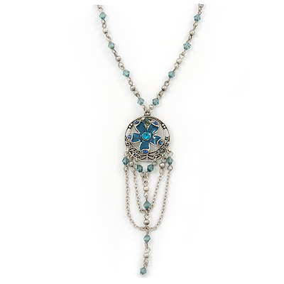 Vintage Inspired Teal Blue Crystal Enamel Floral and Chain Dangle Pendant With Silver Tone Beaded Chain - 42cm L/ 5cm Extt - main view