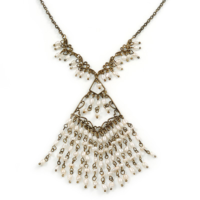 Vintage Inspired Diamond Shape Pendant With Freshwater Pearl Dangles with Bronze Tone Chain - 40cm L/ 5cm Ext