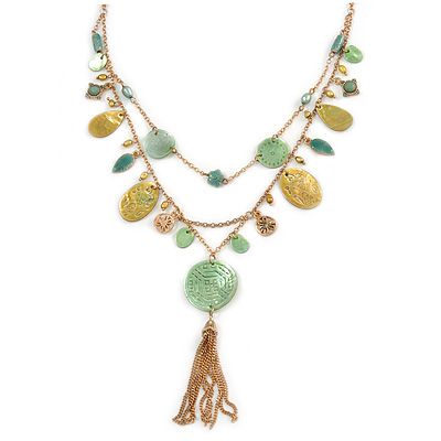 Vintage Inspired Green Shell and Freshwater Pearl Bead Multi Layered, Tassel Necklace In Gold Tone - 46cm L/ 5cm Ext/ 7cm Front Drop (Tassel)
